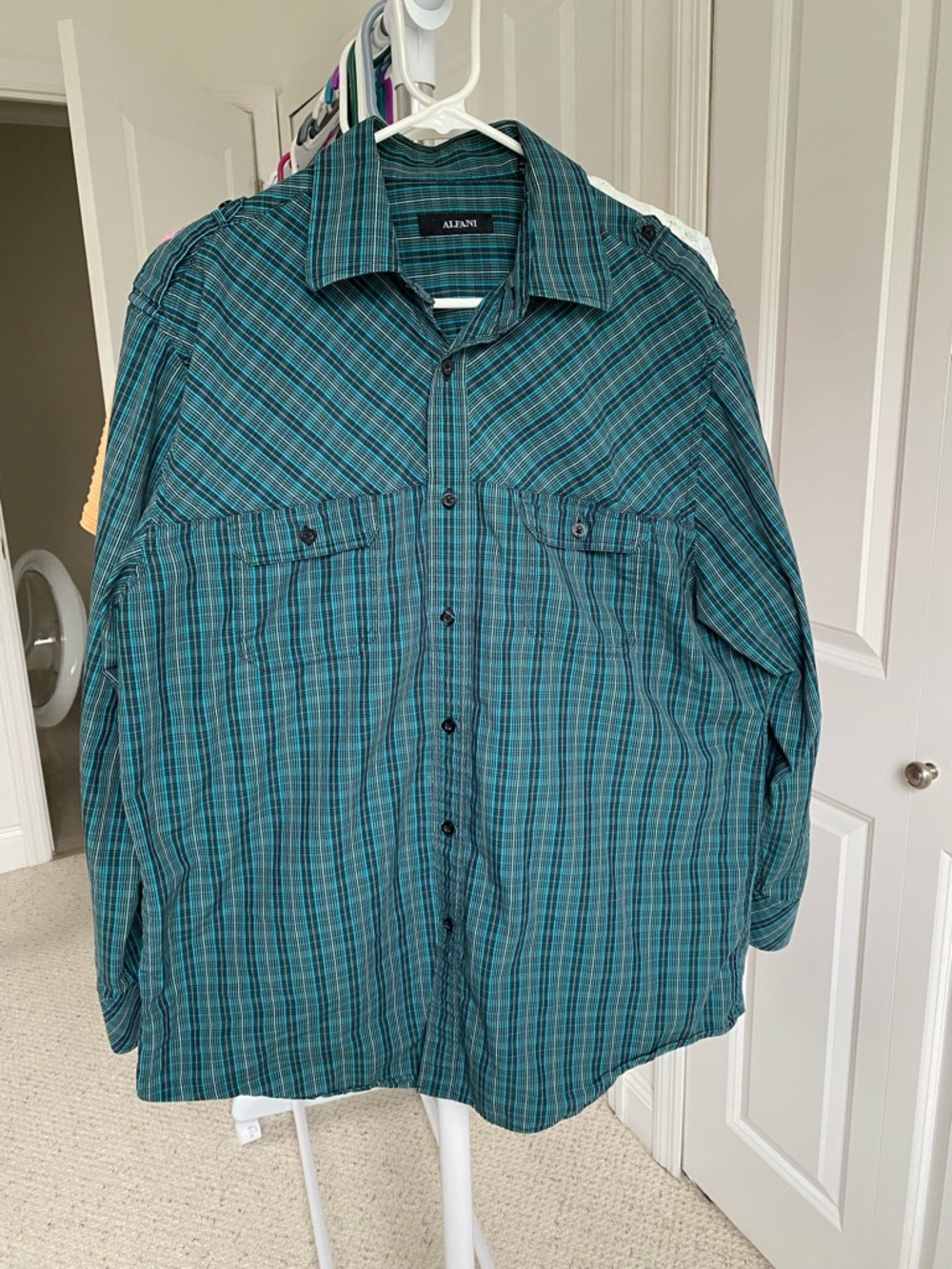 Alfani Blue and Black Plaid Cotton Button-Up Shirt